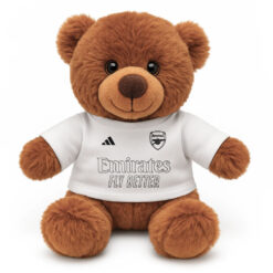 Soft Toy Brown Teddy Bear wearing a white tshirt with the print from the original Arsenal kit printed on the front.