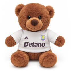 Soft Toy Brown Teddy Bear wearing a white tshirt with the print from the original Aston Villa kit printed on the front.