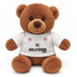 Soft Toy Brown Teddy Bear wearing a white tshirt with the print from the original Brentford kit printed on the front.