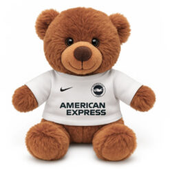 Soft Toy Brown Teddy Bear wearing a white tshirt with the print from the original Brighton & Hove Albion away kit printed on the front.