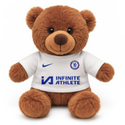 Soft Toy Brown Teddy Bear wearing a white tshirt with the print from the original Chelsea away kit printed on the front.