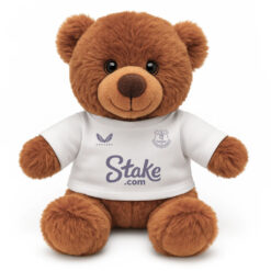 Soft Toy Brown Teddy Bear wearing a white tshirt with the print from the original Everton away kit printed on the front.