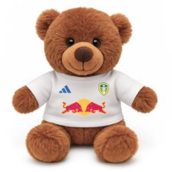Soft Toy Brown Teddy Bear wearing a white tshirt with the print from the original Leeds United kit printed on the front.