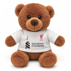 Soft Toy Brown Teddy Bear wearing a white tshirt with the print from the original Liverpool away kit printed on the front.