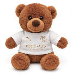 Soft Toy Brown Teddy Bear wearing a white tshirt with the print from the original Manchester City away kit printed on the front.