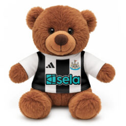 Soft Toy Brown Teddy Bear wearing a white tshirt with the print from the original Newcastle United home striped kit printed on the front.