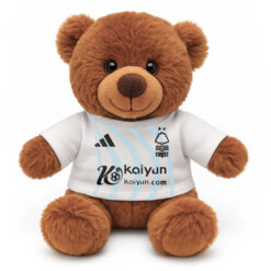 Soft Toy Brown Teddy Bear wearing a white tshirt with the print from the original Nottingham Forest away kit printed on the front.
