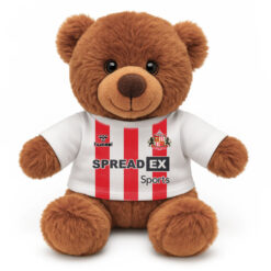 Soft Toy Brown Teddy Bear wearing a white tshirt with the print from the original Sunderland home kit printed on the front.
