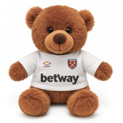 Soft Toy Brown Teddy Bear wearing a white tshirt with the print from the original West Ham United away kit printed on the front.