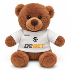 Soft Toy Brown Teddy Bear wearing a white tshirt with the print from the original Wolverhampton Wanderers away kit printed on the front.